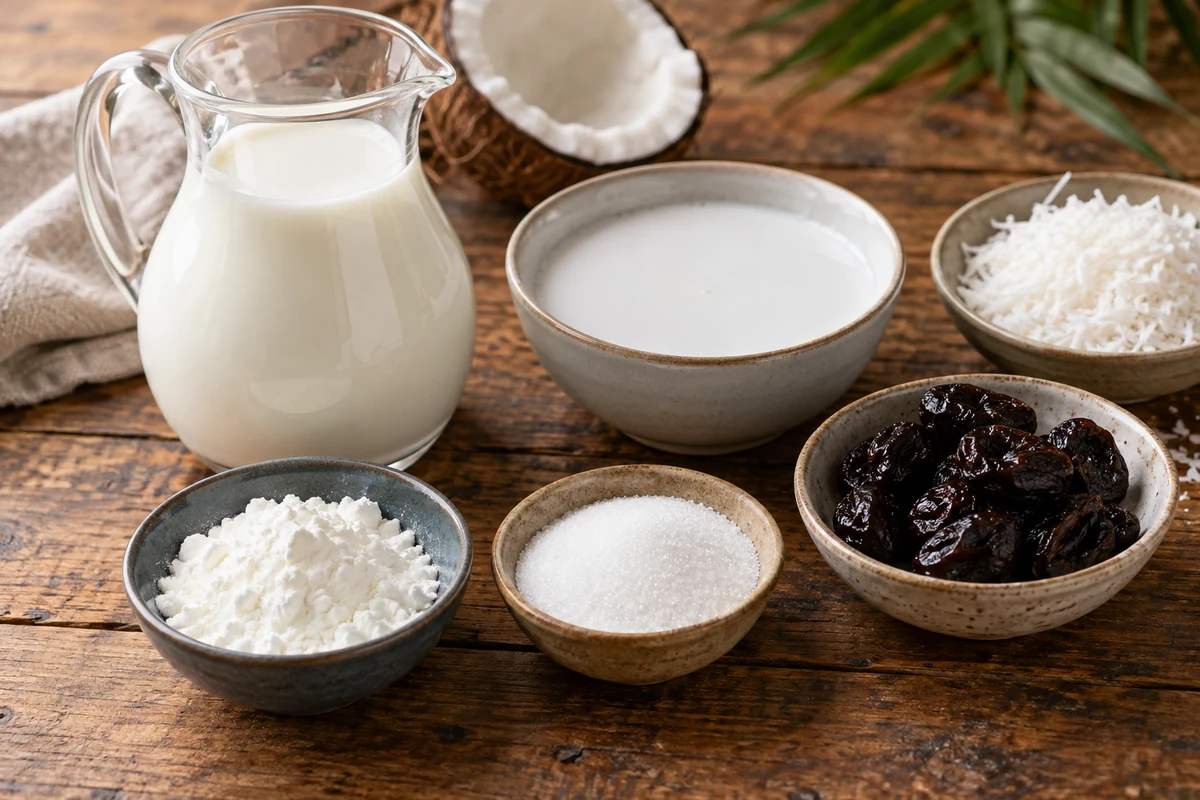 Milk coconut cornflour sugar and prunes for Brazilian pudding Milk coconut cornflour sugar and prunes for Brazilian pudding