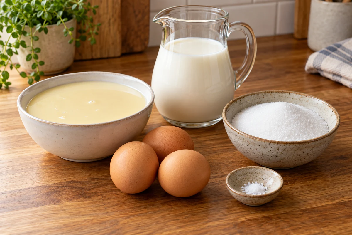 Milk condensed milk eggs and sugar for Brazilian pudding