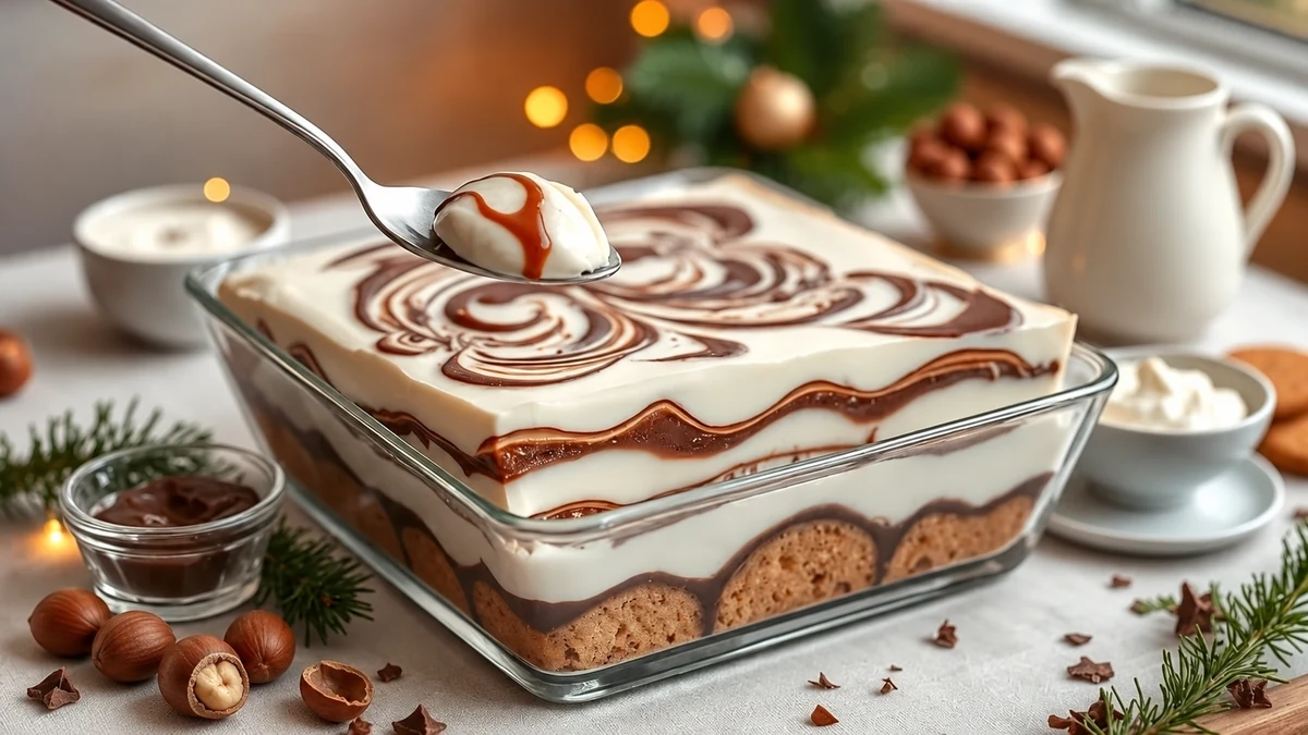 Milk cream and chocolate hazelnut pave with a marbled topping