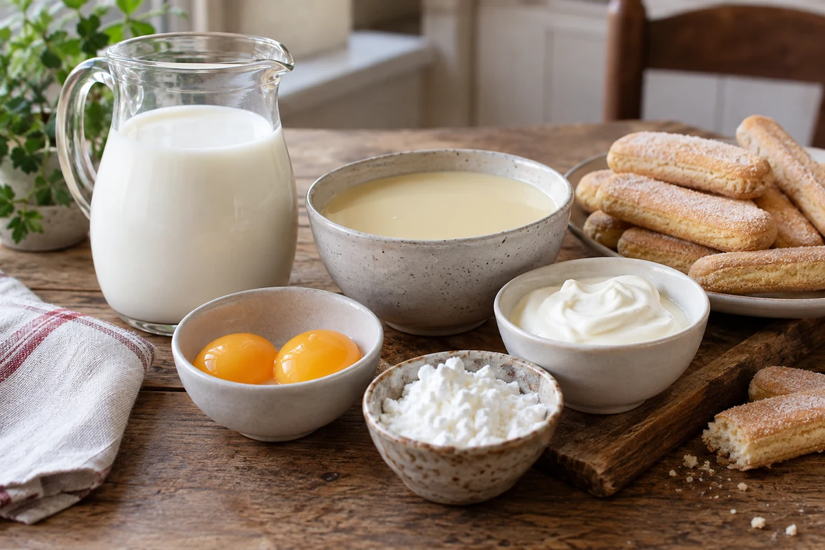 Milk, cream, egg yolks and biscuit ingredients Milk, cream, egg yolks and biscuit ingredients