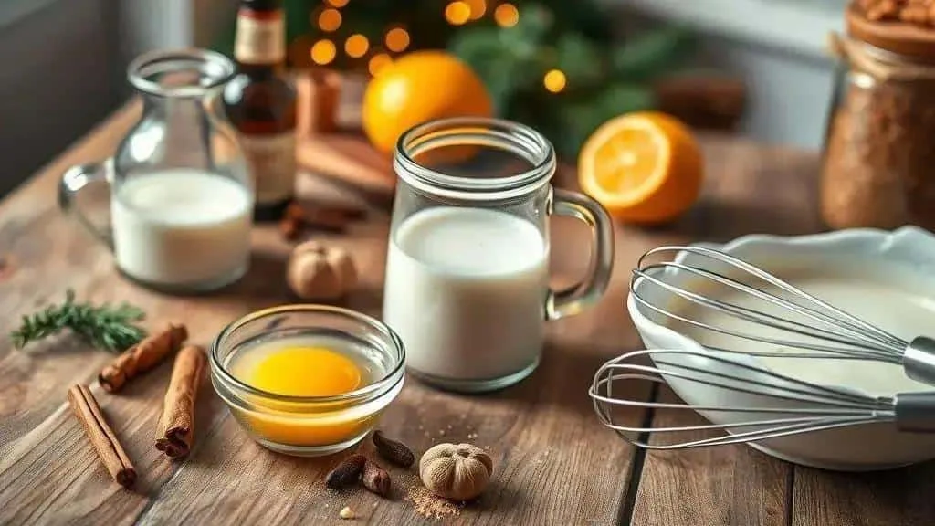 Milk, egg yolk, spices and whisks for preparing gemada