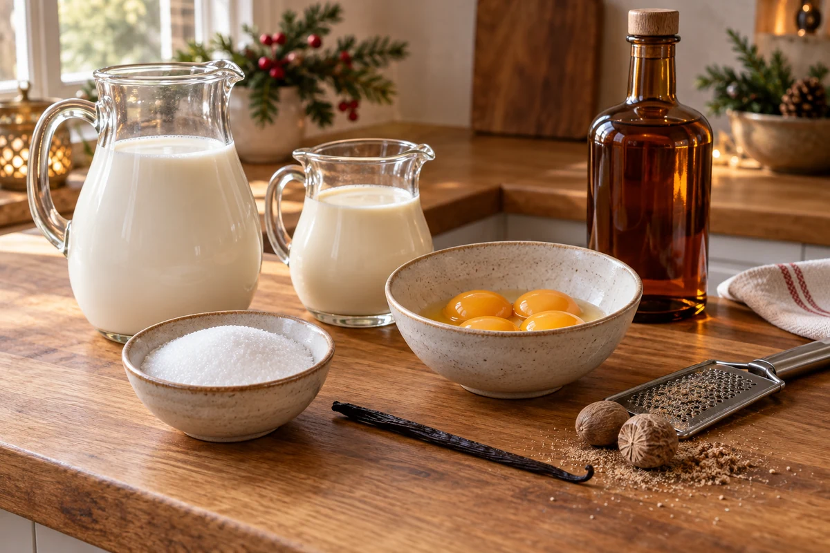 Milk, eggs and spices for homemade eggnog Milk, eggs and spices for homemade eggnog