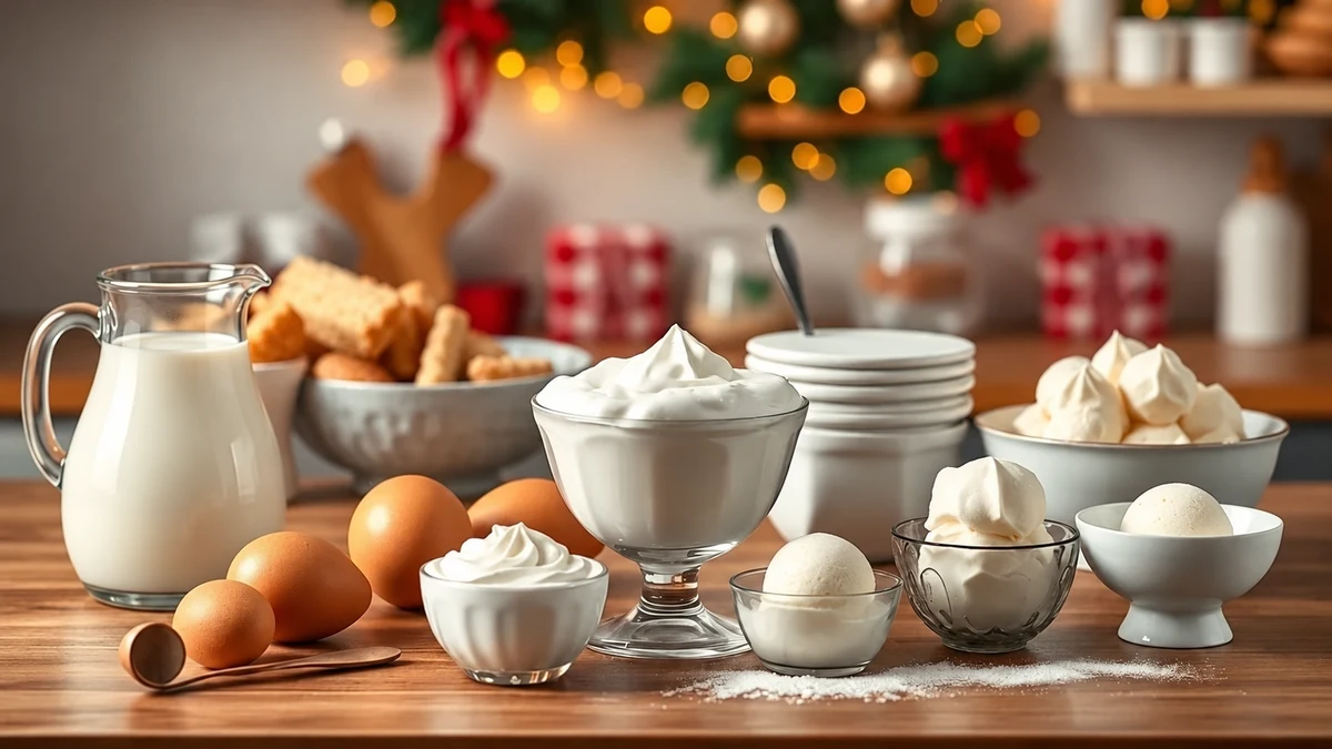 Milk, eggs, cream and ice cream for chilled desserts