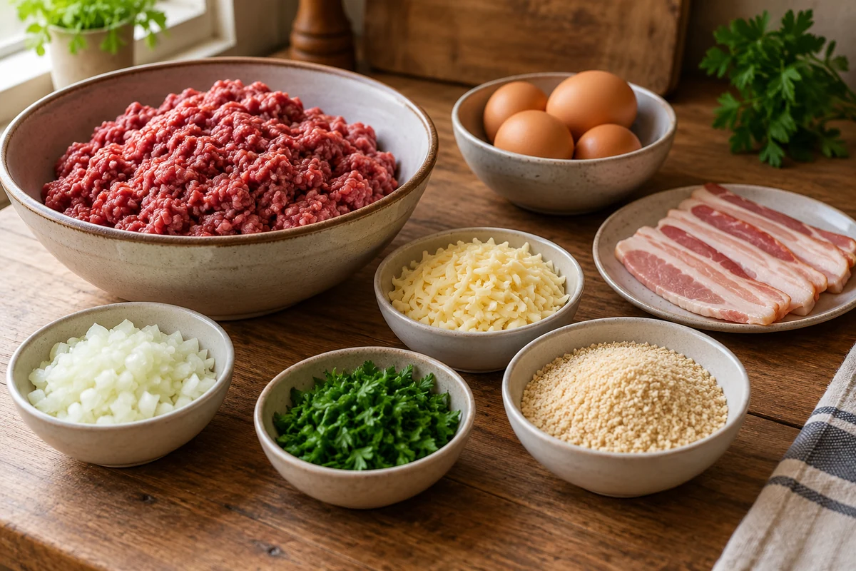 Minced beef bacon eggs cheese and breadcrumbs for meatloaf