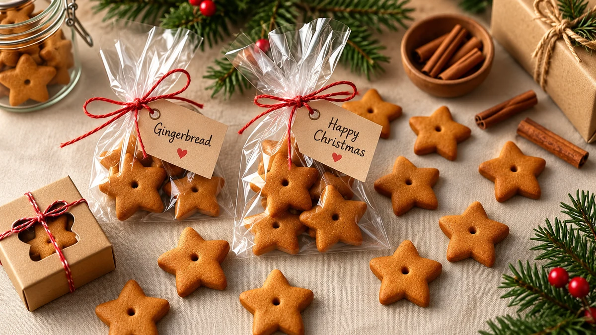 Mini gingerbread biscuits in gift bags labelled Gingerbread and Happy Christmas