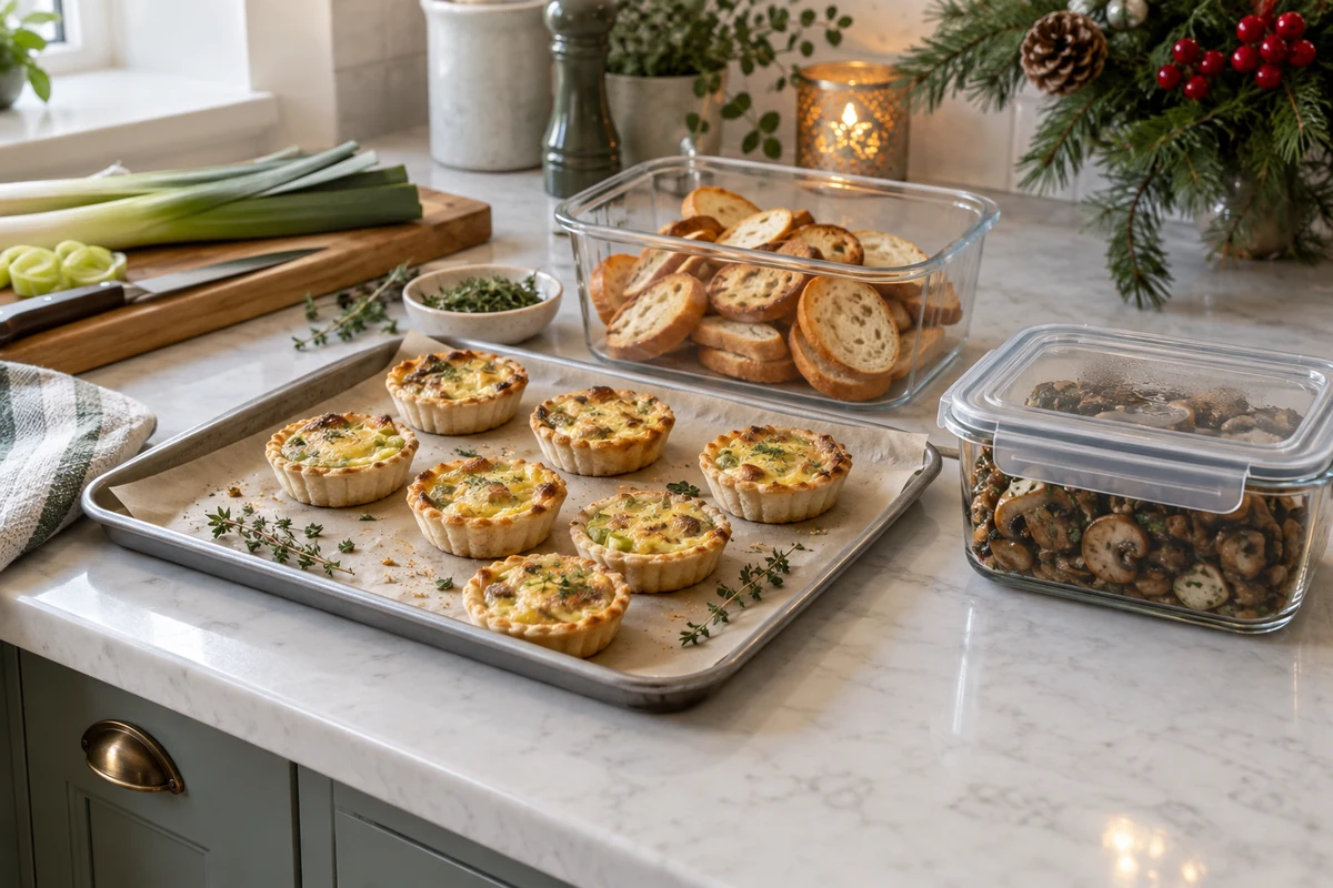 Mini quiches and separately stored canapé components Mini quiches and separately stored canapé components