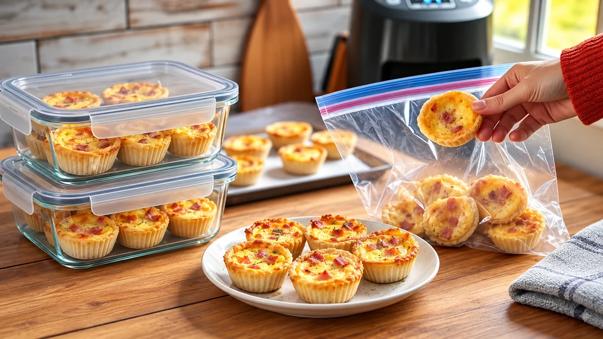 Mini quiches in covered storage containers Mini quiches in covered storage containers