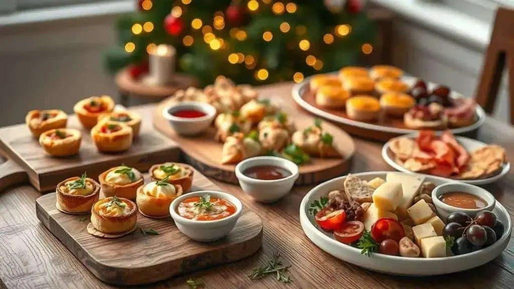 Mini quiches, sauces and a cheese plate arranged for a festive gathering