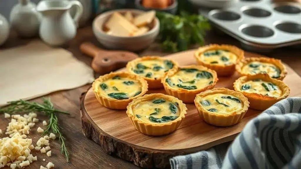 Mini spinach and cheese quiches on a wooden board