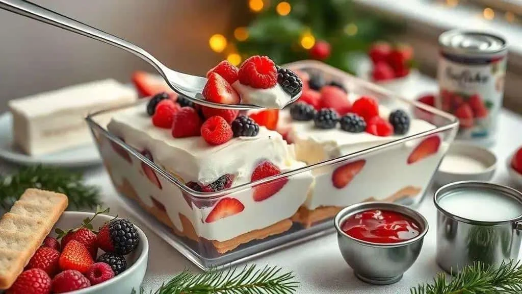 Mixed berry and cream pave with strawberries, raspberries and blackberries
