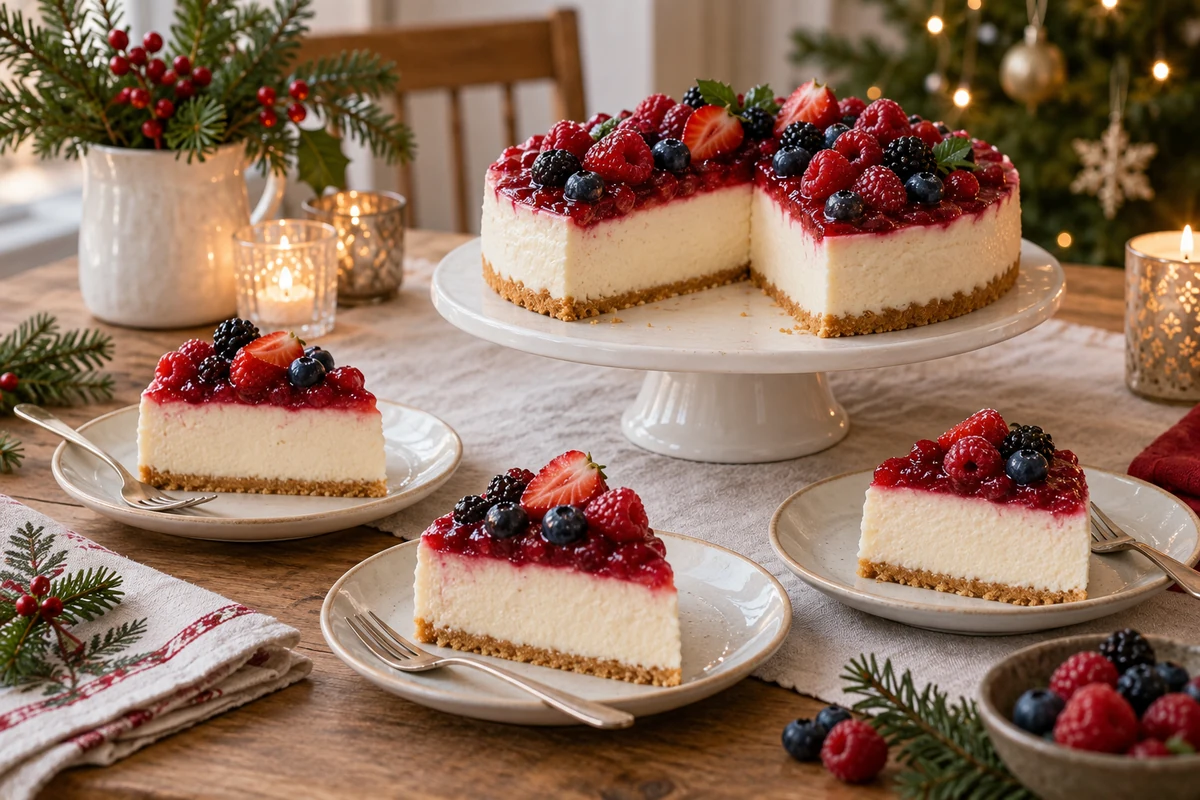 Mixed berry cheesecake on a festive serving table