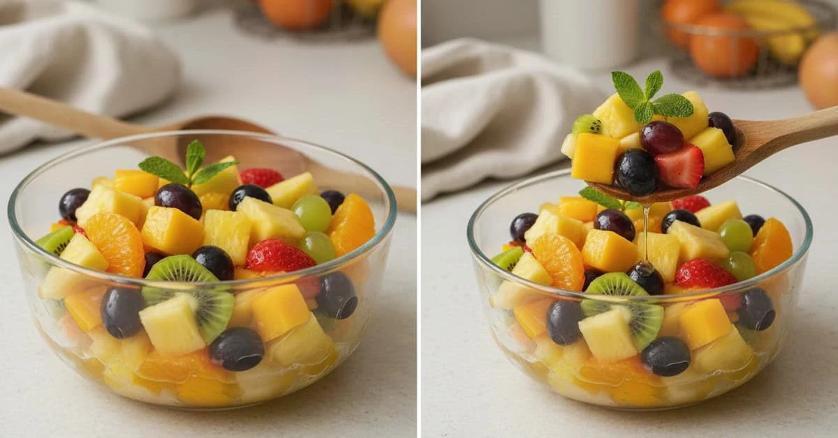 Mixed fruit salad with a spoonful of colourful fruit