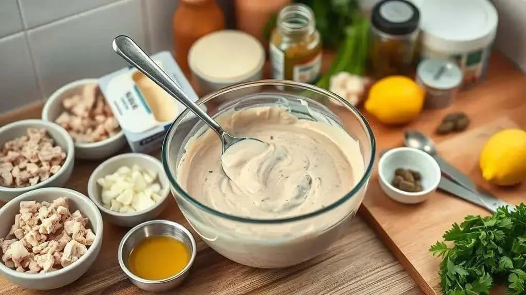 Mixing a creamy base for tuna pate Mixing a creamy base for tuna pate