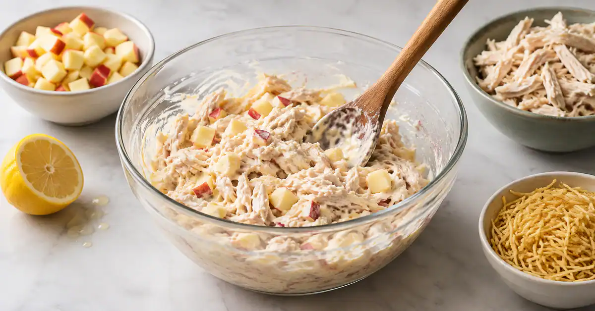 Mixing chicken with apple and mayonnaise