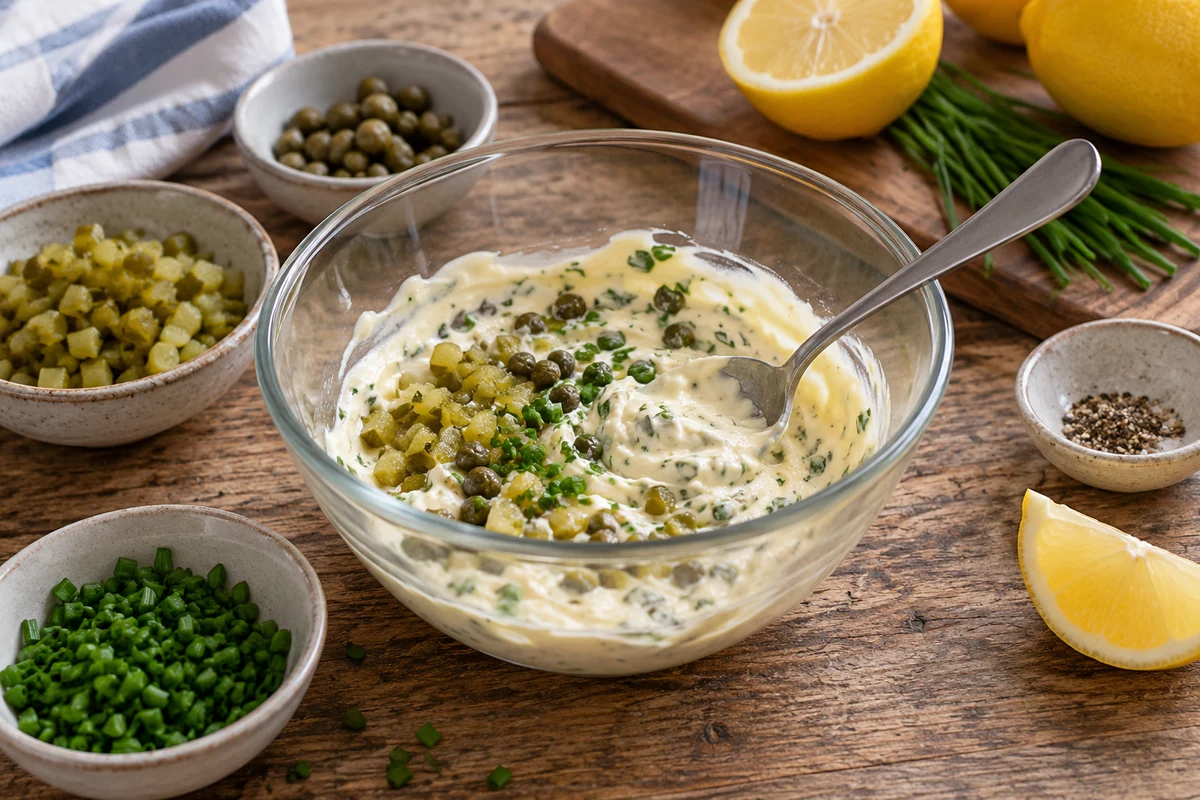 Mixing chopped gherkins and herbs into tartare sauce