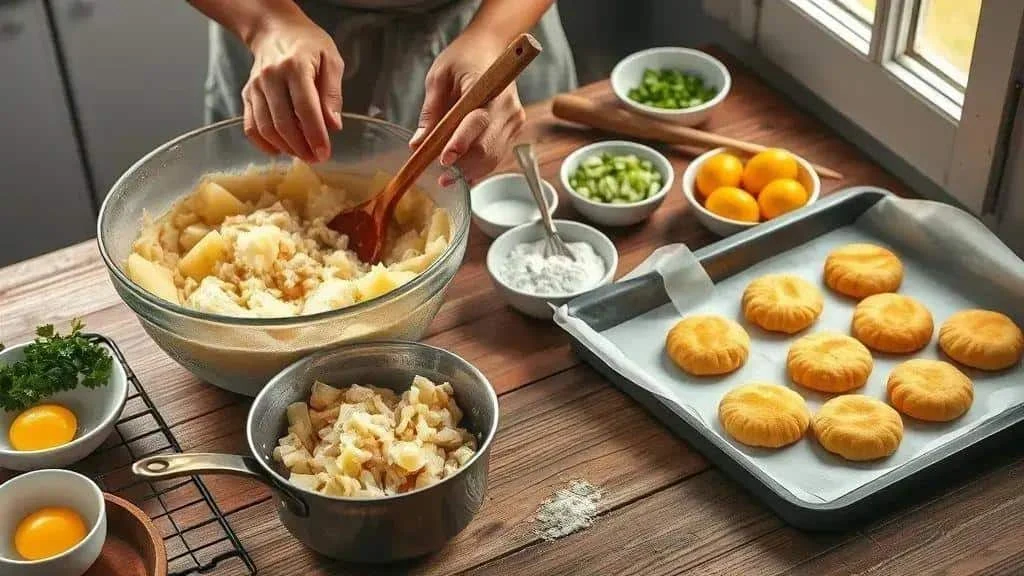 Mixing cod and potato and shaping fritters