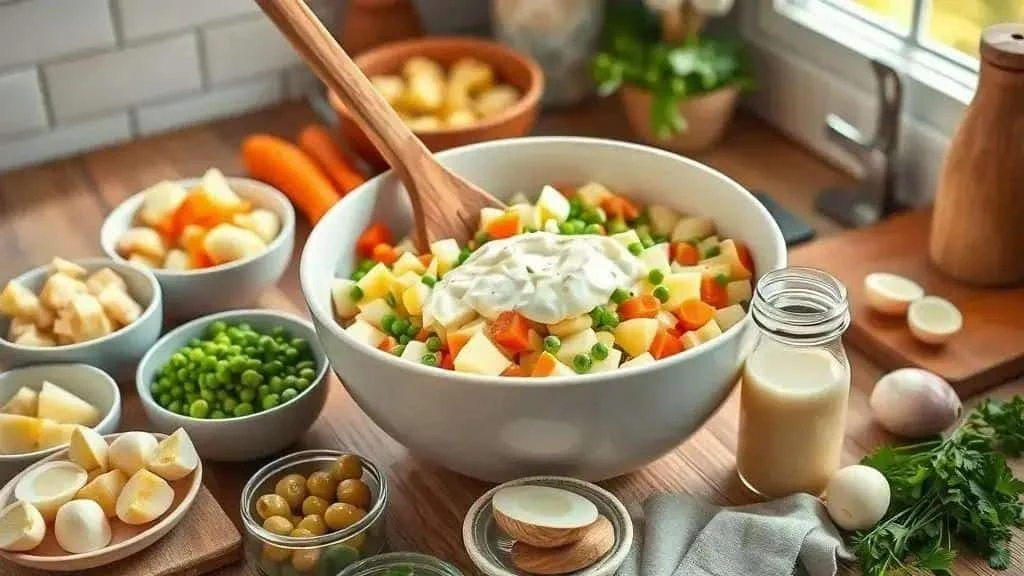 Mixing cooked vegetables with mayonnaise