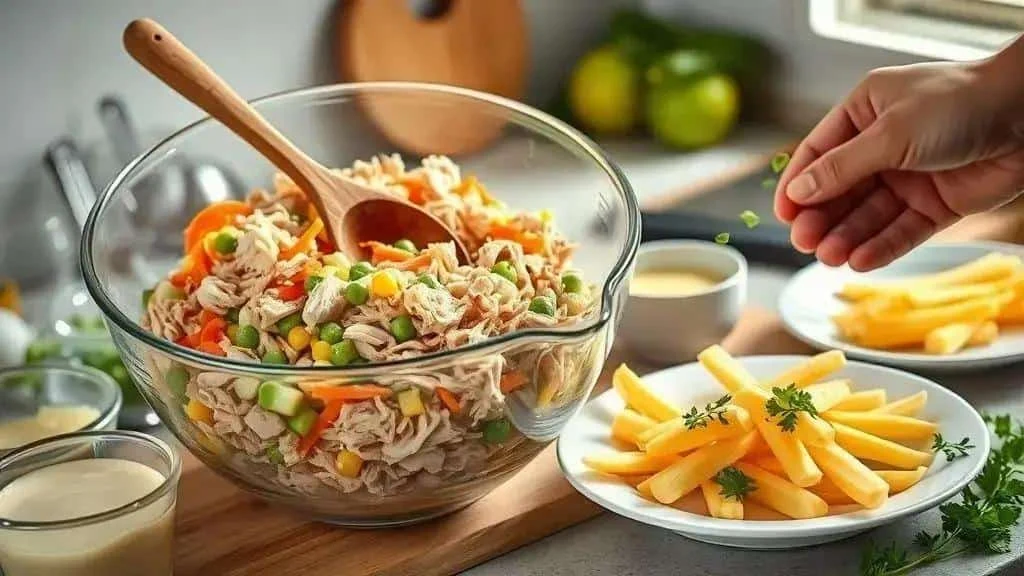 Mixing shredded chicken salad with vegetables