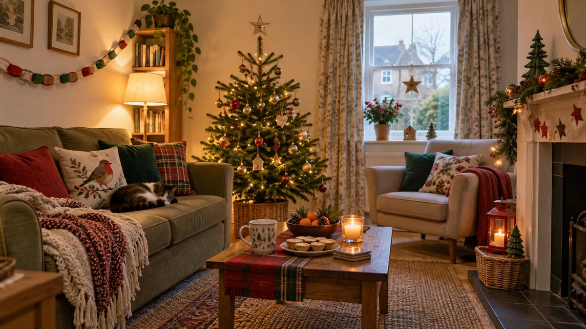 Modest Christmas sitting room with reused ornaments