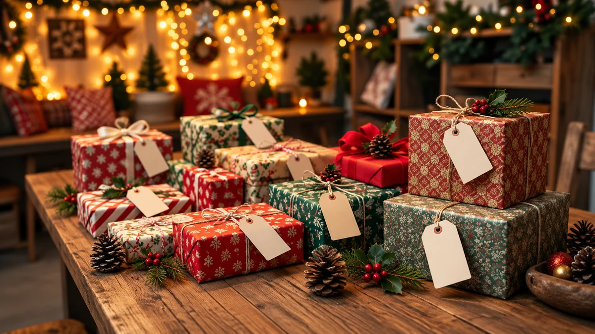 Modest wrapped gifts with blank tags on a wooden table