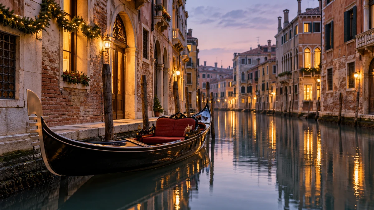 Moored gondola beside a Venetian canal on a winter evening
