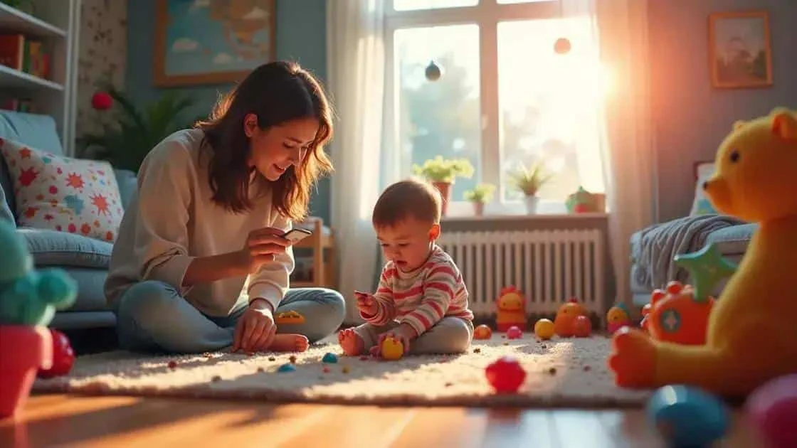 Mother and baby looking at toys