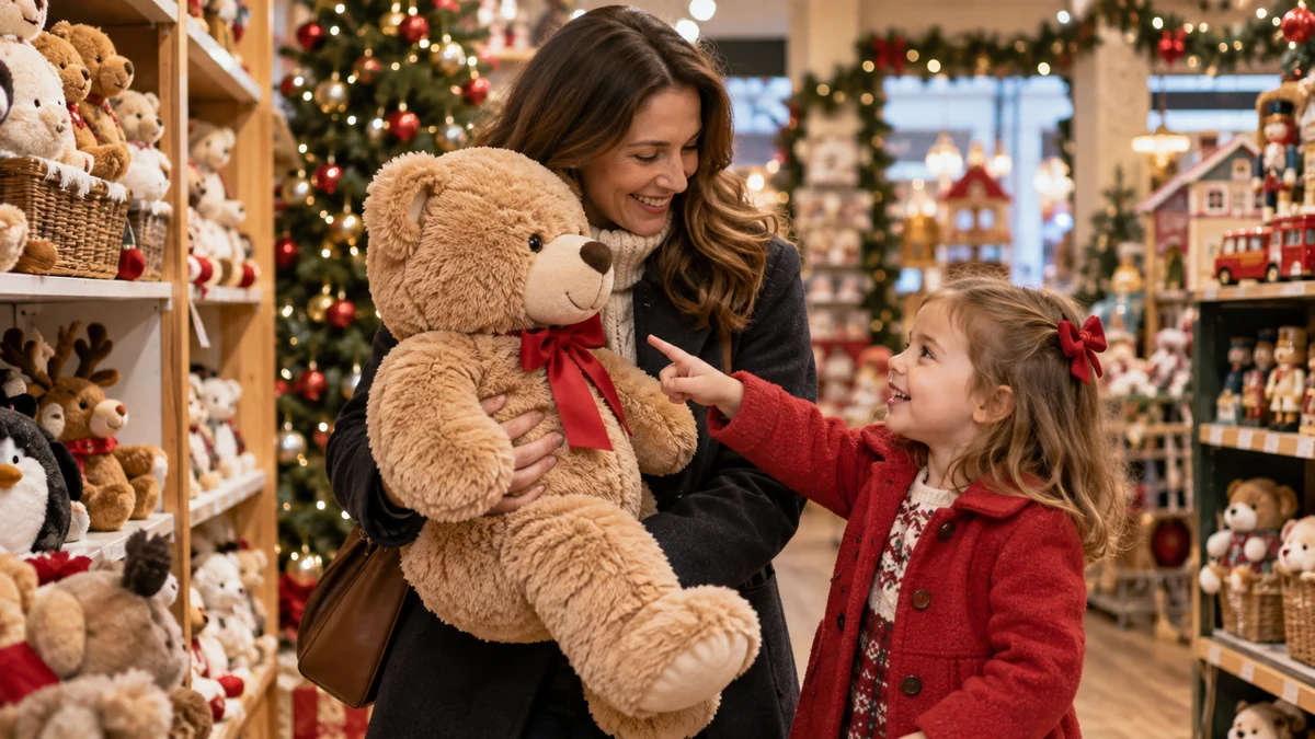 Mother and child choosing a teddy bear