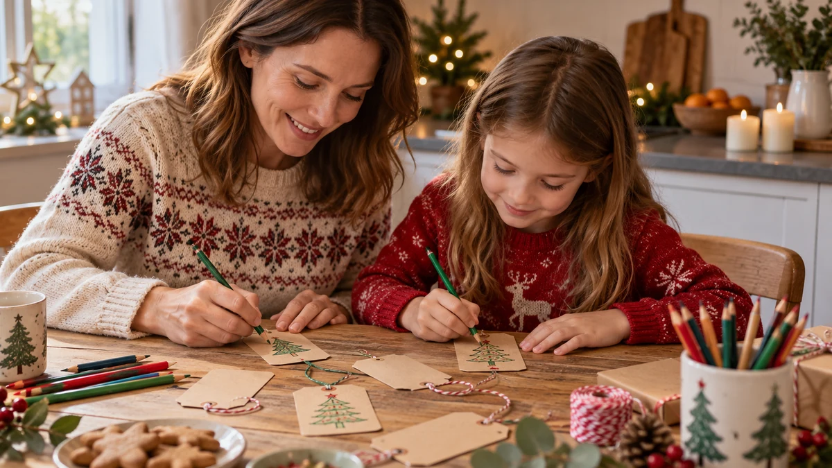 Mother and child drawing Christmas gift tags
