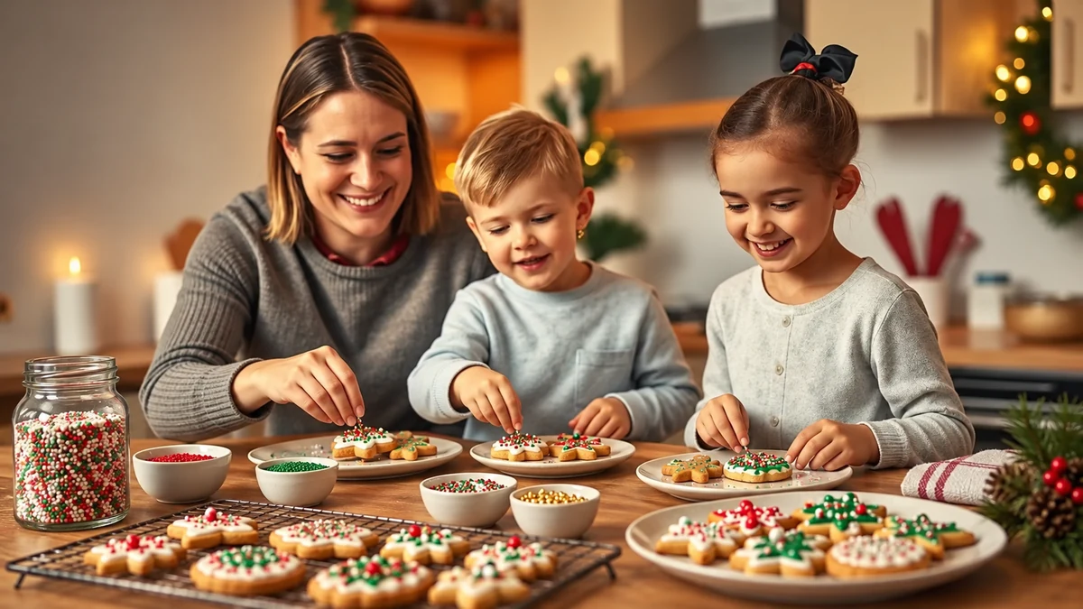 Mother and children adding sprinkles to cooled Christmas biscuits