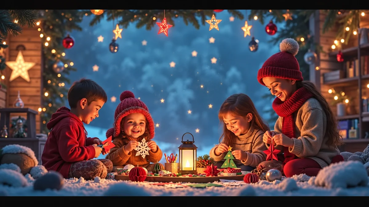 Mother and children making Christmas crafts with a battery lantern