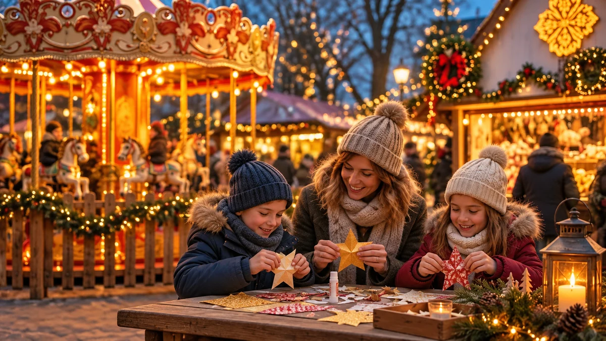 Mother and children making paper star decorations