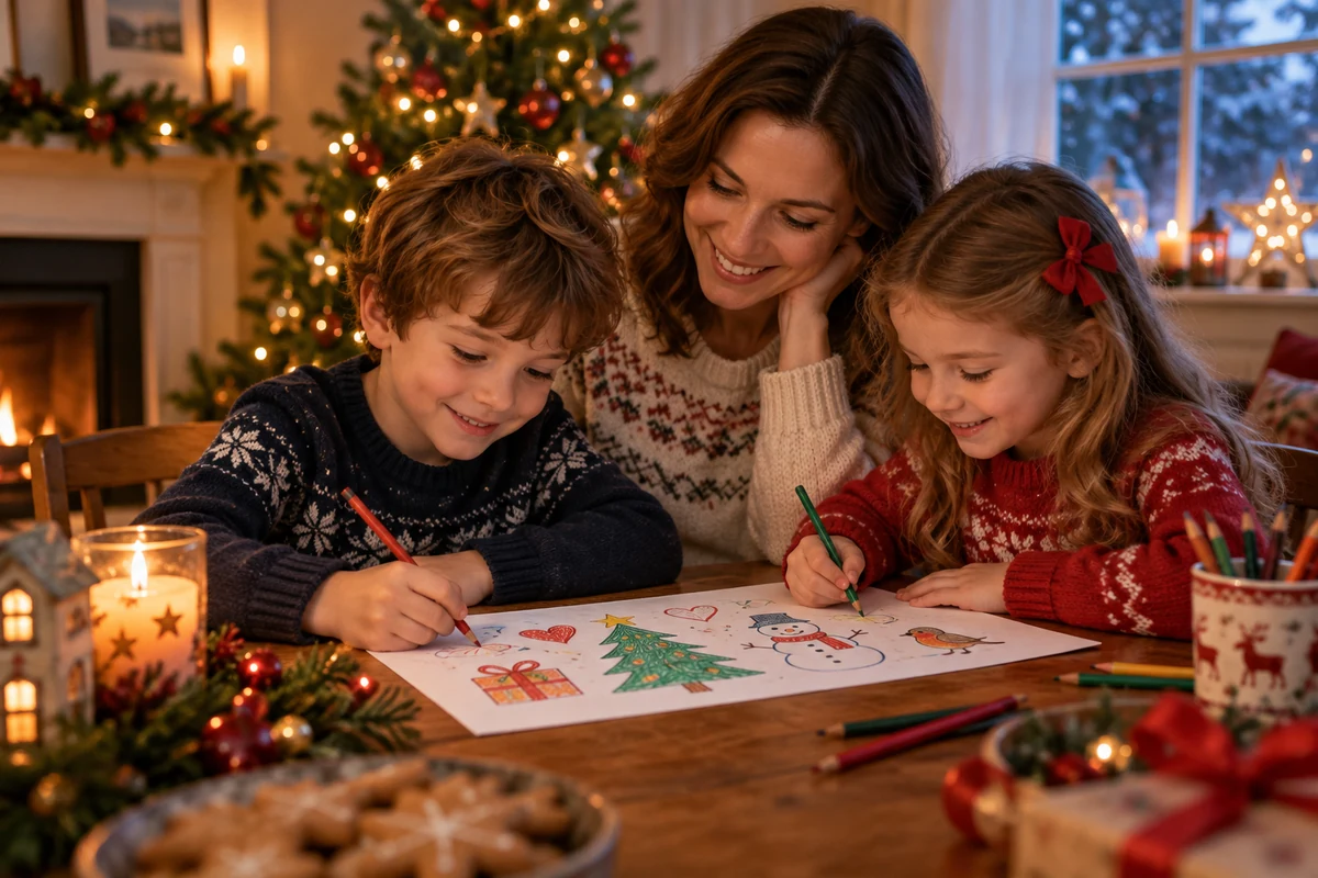 Mother and two children drawing a Christmas letter together