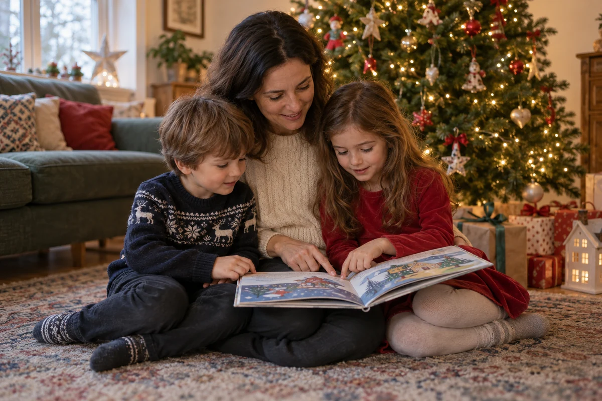 Mother and two children sharing a Christmas picture book Mother and two children sharing a Christmas picture book