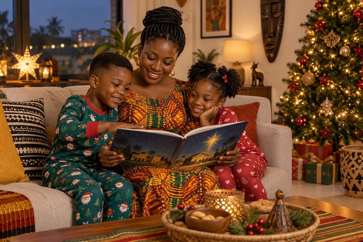 Mother and two children sharing a Christmas storybook