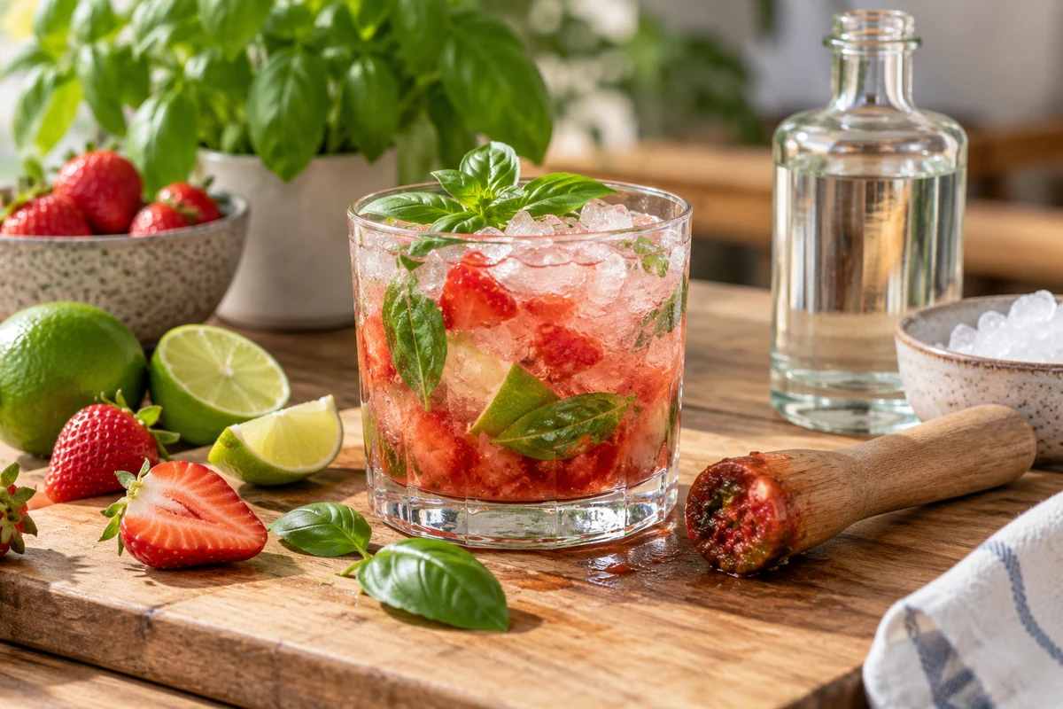 Muddled strawberry and basil caipirinha over ice Muddled strawberry and basil caipirinha over ice