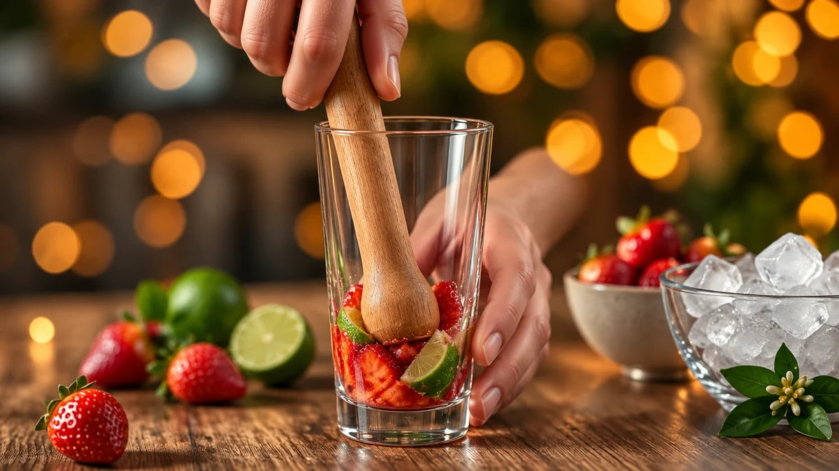 Muddling strawberries and lime before adding ice