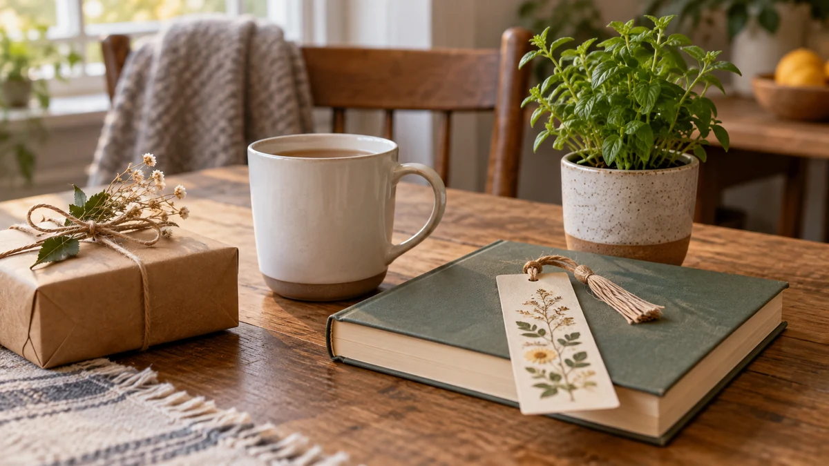 Mug, book and potted herb as thoughtful gift ideas