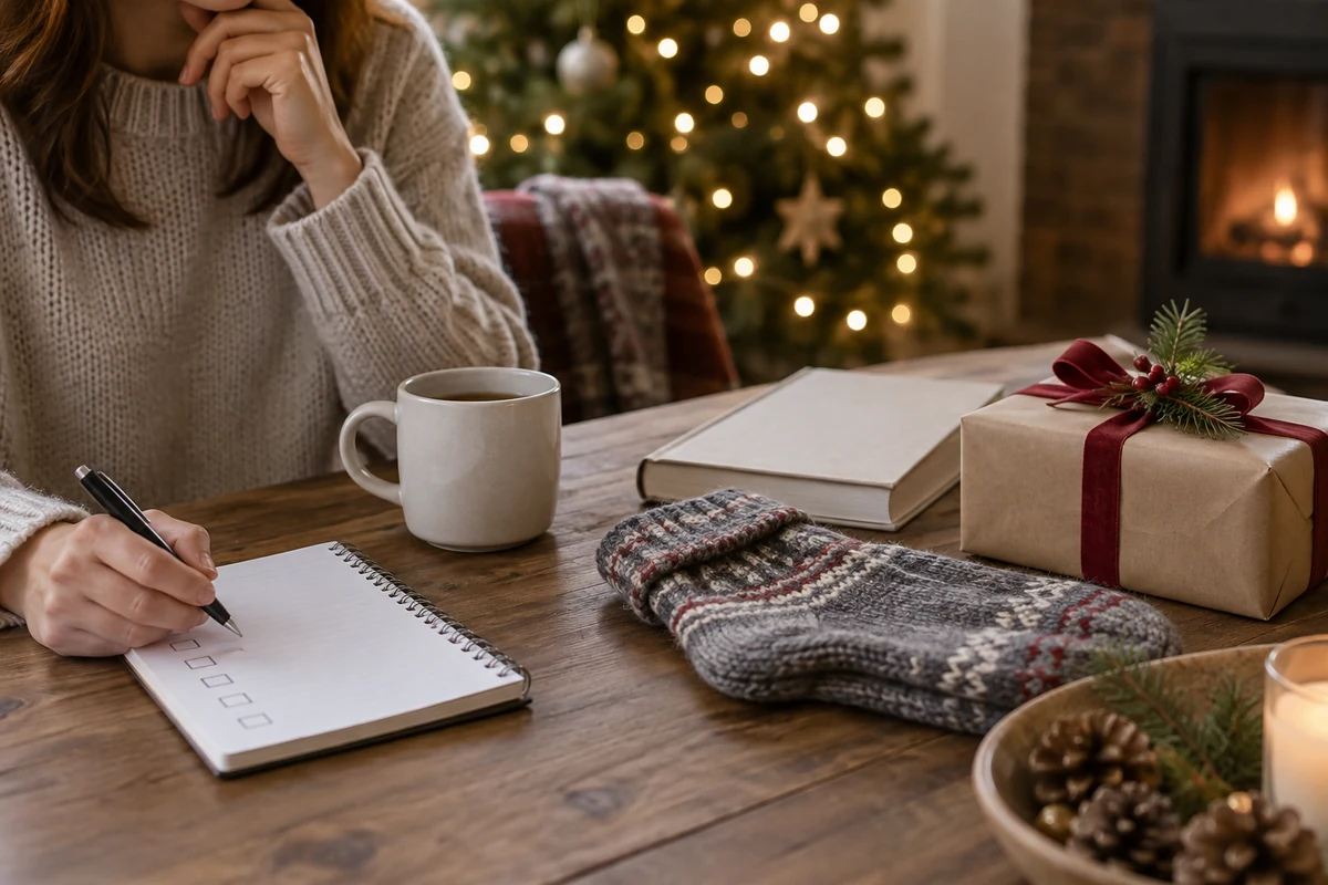 Mug book warm socks and wrapped gift beside a checklist