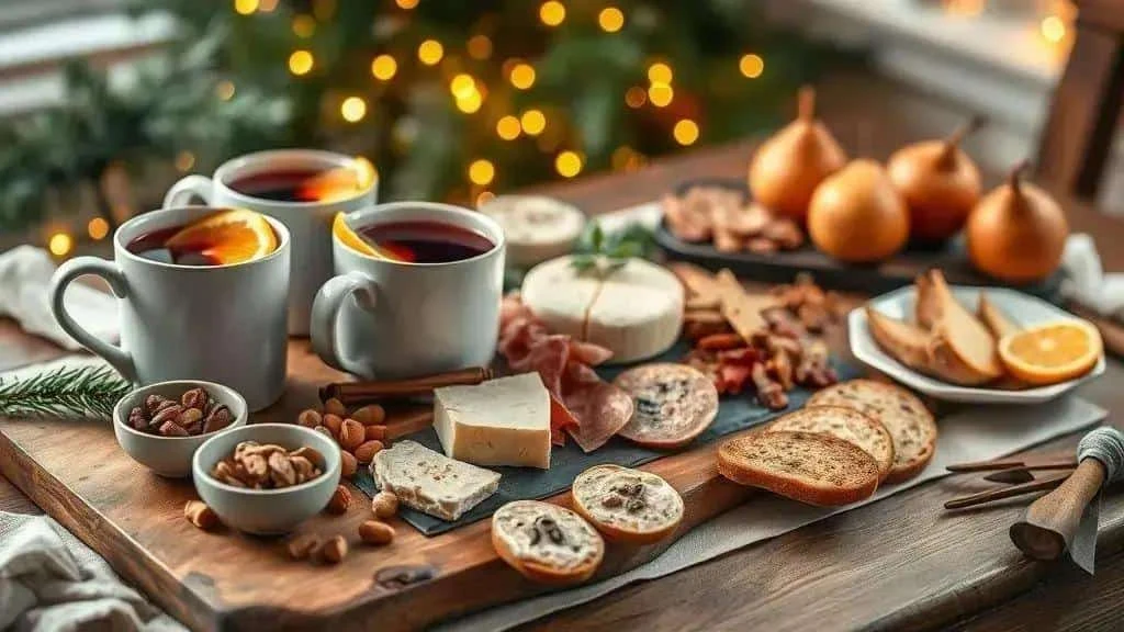 Mulled wine served with cheese and festive snacks