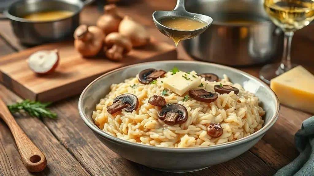 Mushroom risotto with stock and cheese