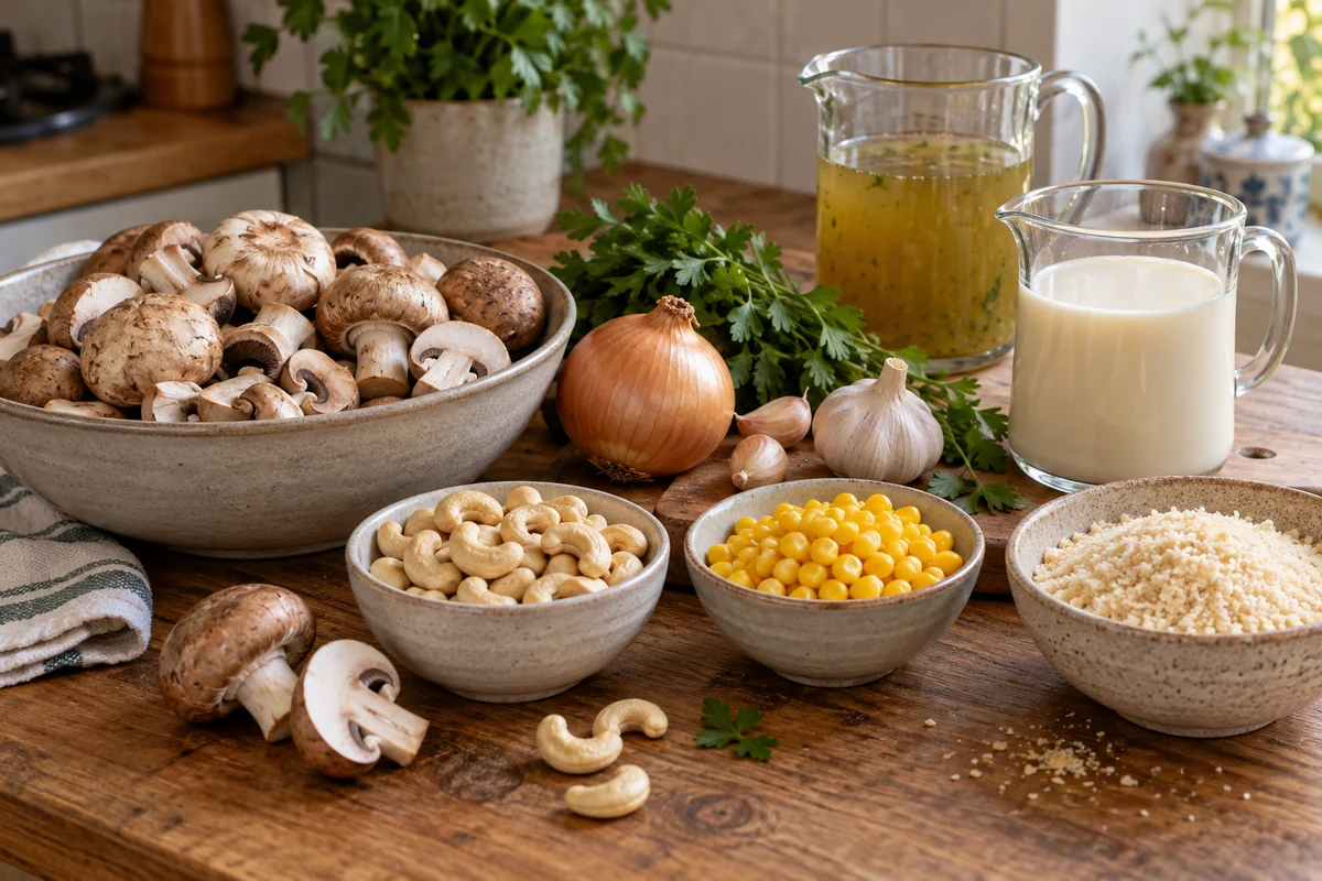 Mushrooms and plant-based ingredients for vegan fricassee