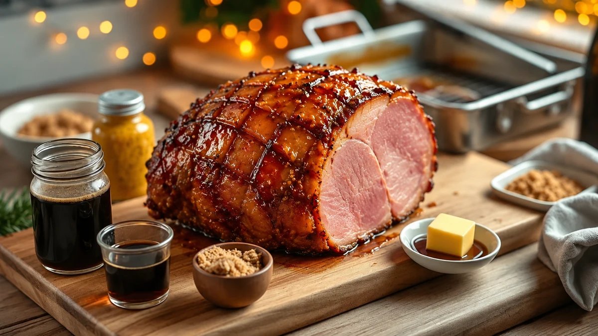 Mustard and dark beer glazed ham with sauce ingredients