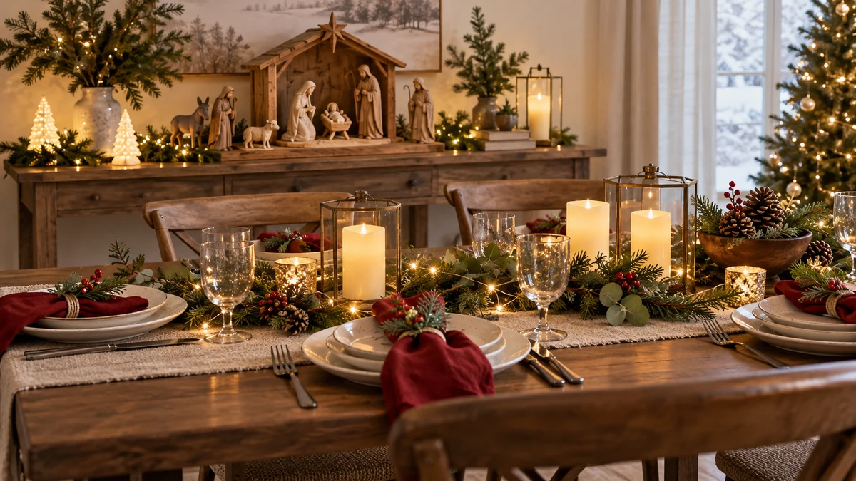 Nativity display and seasonal dining table with electric lights