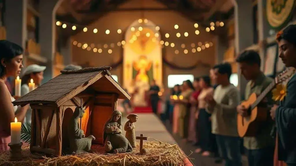 Nativity display with musicians in the softly lit background Nativity display with musicians in the softly lit background