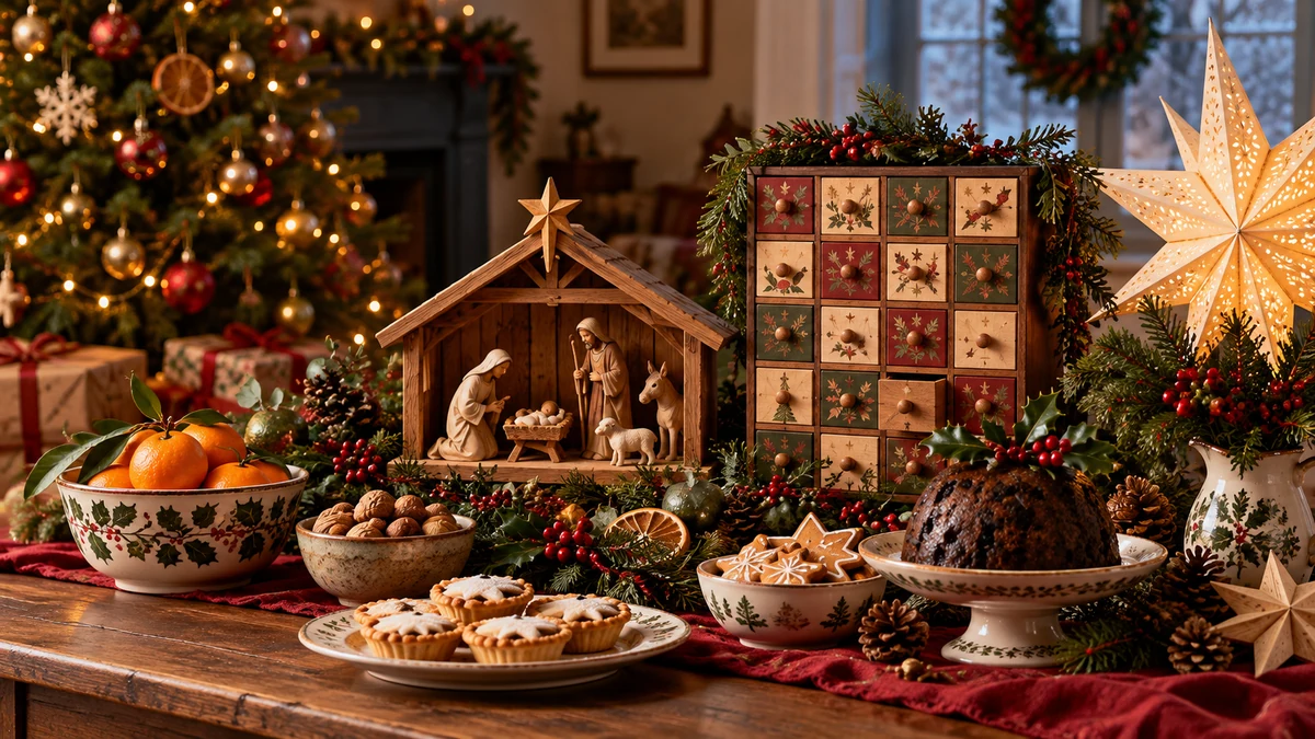 Nativity figures and festive treats with an Advent display
