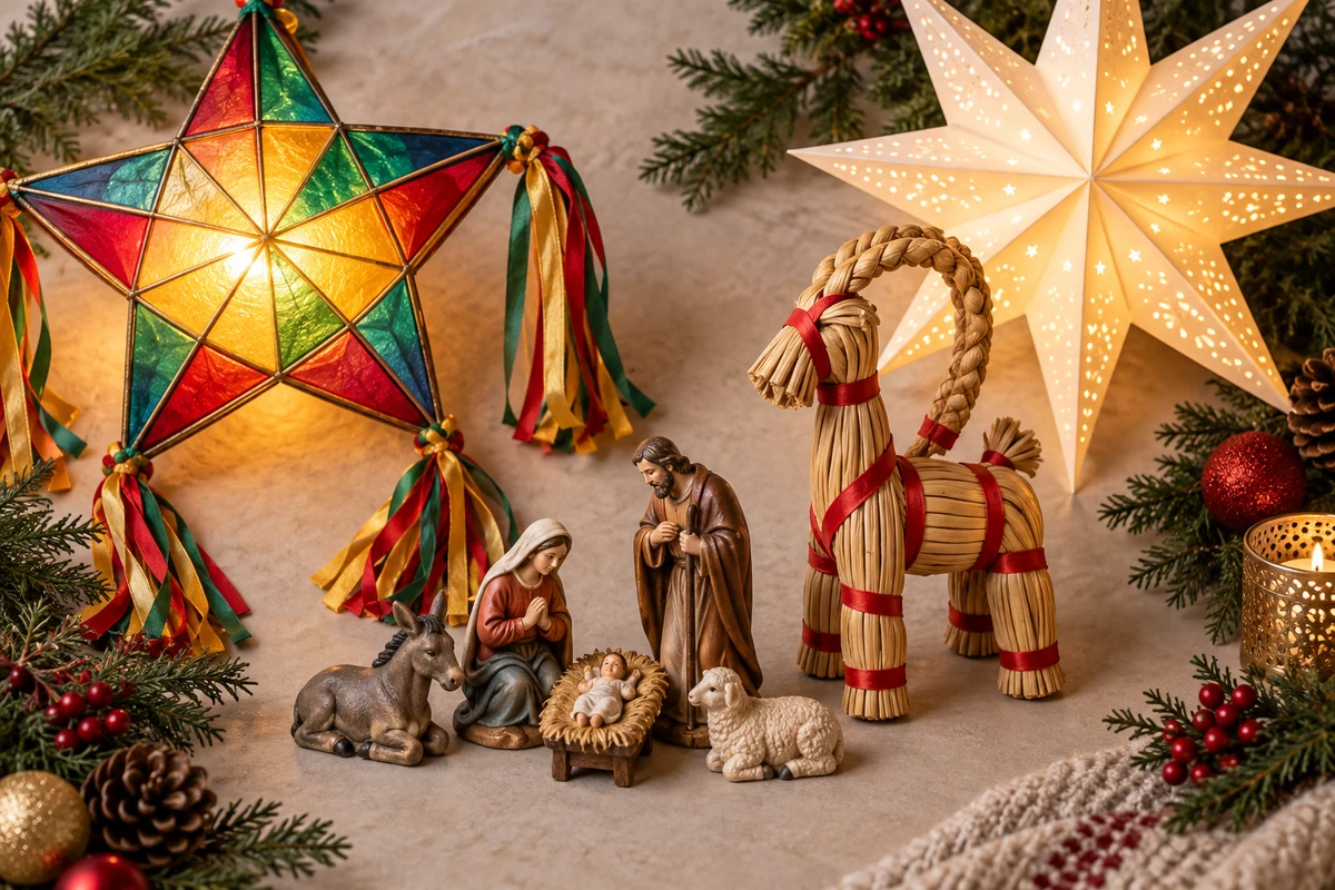 Nativity figures straw goat and decorative Christmas stars