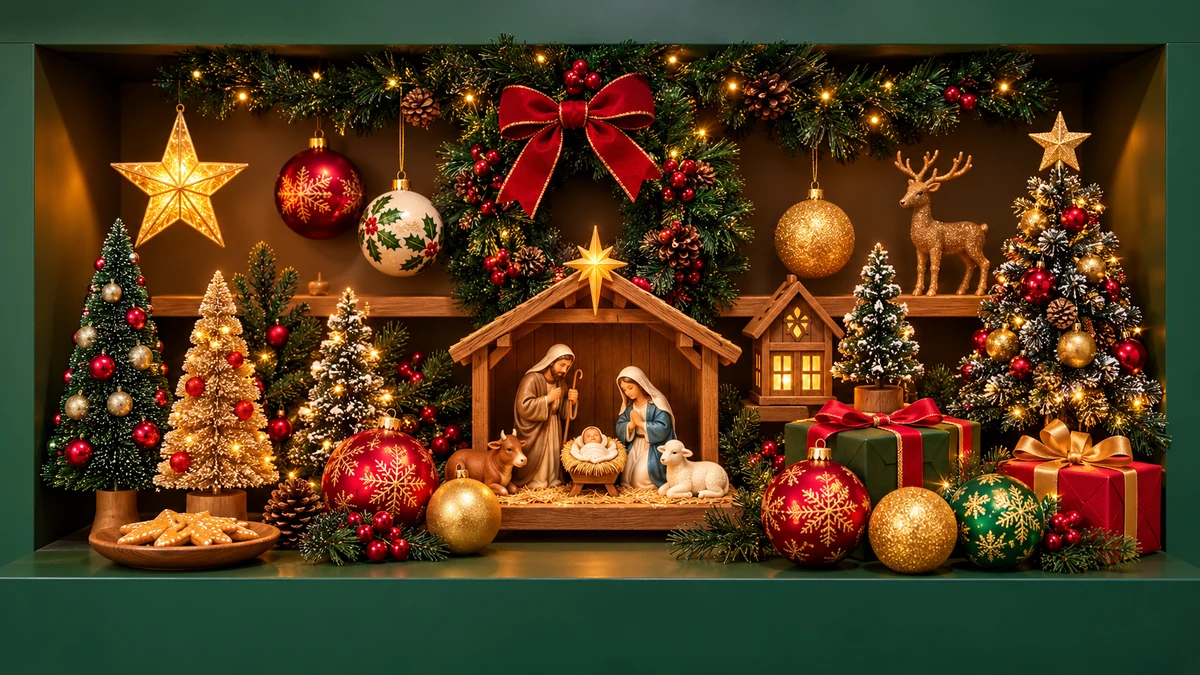 Nativity figurines and Christmas decorations