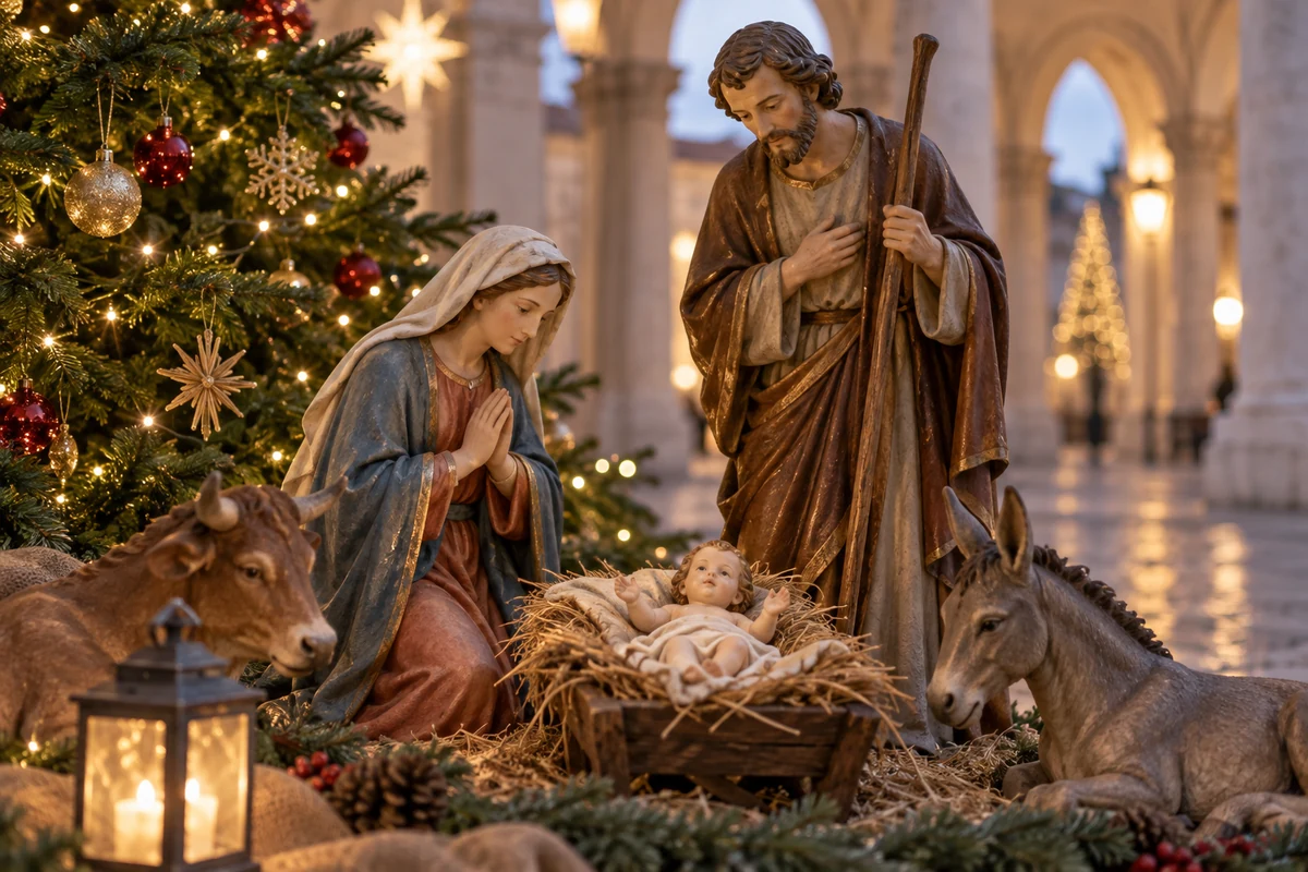 Nativity figurines beside a decorated outdoor Christmas tree Nativity figurines beside a decorated outdoor Christmas tree