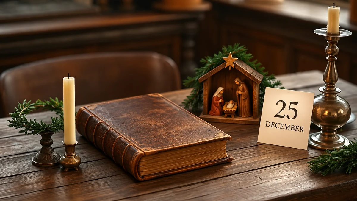 Nativity scene beside a closed book and a 25 December card Nativity scene beside a closed book and a 25 December card
