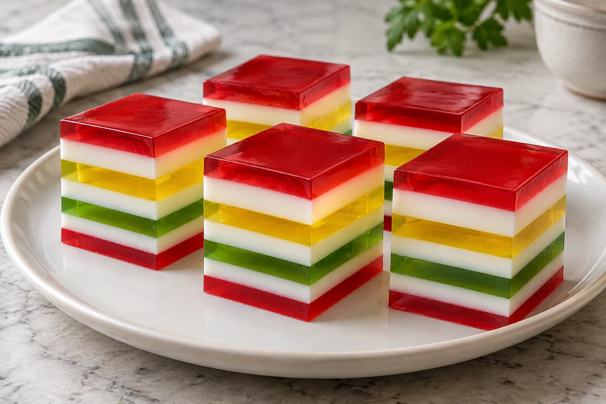Neatly cut layered rainbow jelly cubes on a plate Neatly cut layered rainbow jelly cubes on a plate